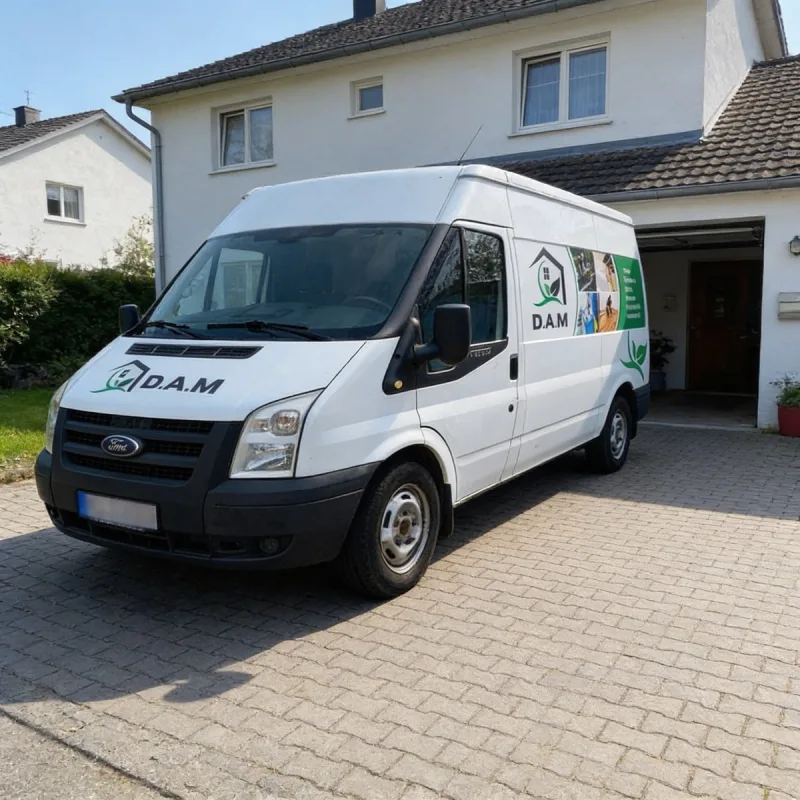 Der weiße Transporter von DAM Hausmeisterservice mit Logo vor einem Wohnhaus in Osnabrück