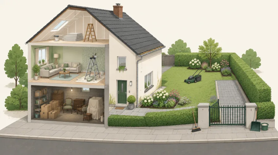 Illustration eines Hauses mit Garten in Osnabrück, aufgeschnitten mit Dachboden, Wohnzimmer und Keller. Zwölf markierte Stellen zeigen die Leistungen von DAM Hausmeisterservice.