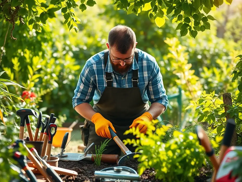 A handyman working in a garden, surrounded by tools and greenery.